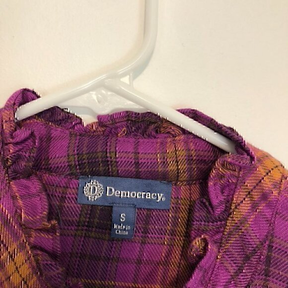 NEW NWT DEMOCRACY Long Sleeve Ruffle Neckband Plaid Button Down Shirt Purple S - Picture 7 of 13